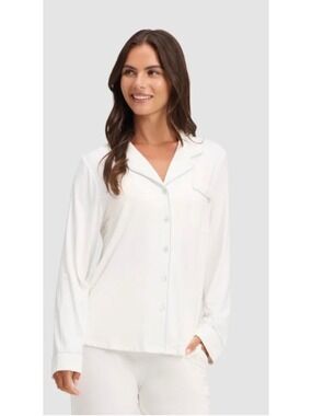 Cozy Earth Bamboo Stretch-Knit Long Sleeve Pajama Top, White/Light Blue XXL